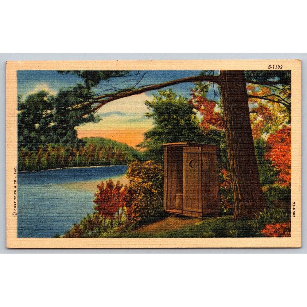 Vintage 1947 Curt Teich Linen Postcard Outhouse Privy Lake Scene 7B-H382 Stamp